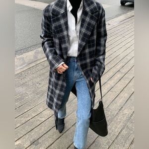 OAK + FORT Checkered Pea Coat - Black and White